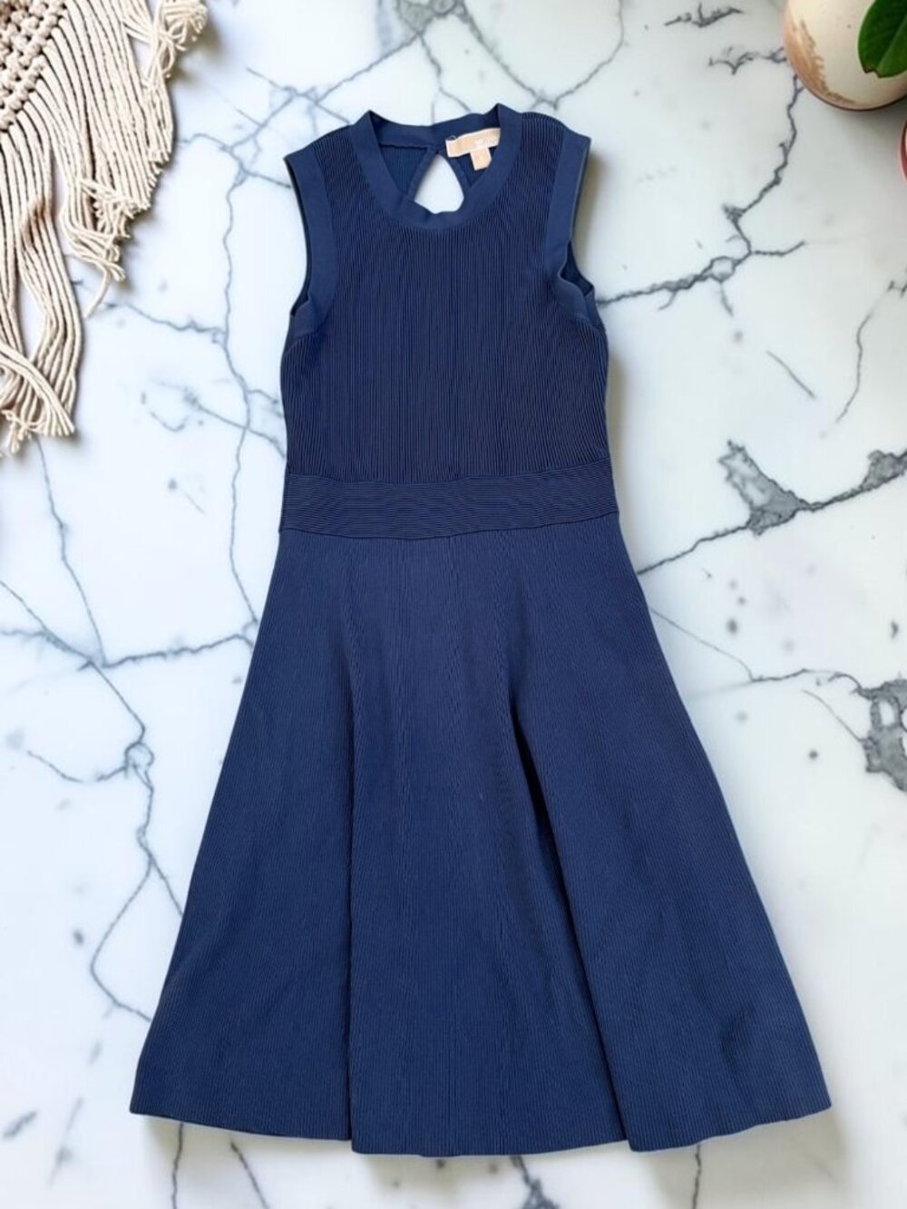 Michael Kors Navy Blue Knit Dress Size Small Keyhole Back Fit & Flare